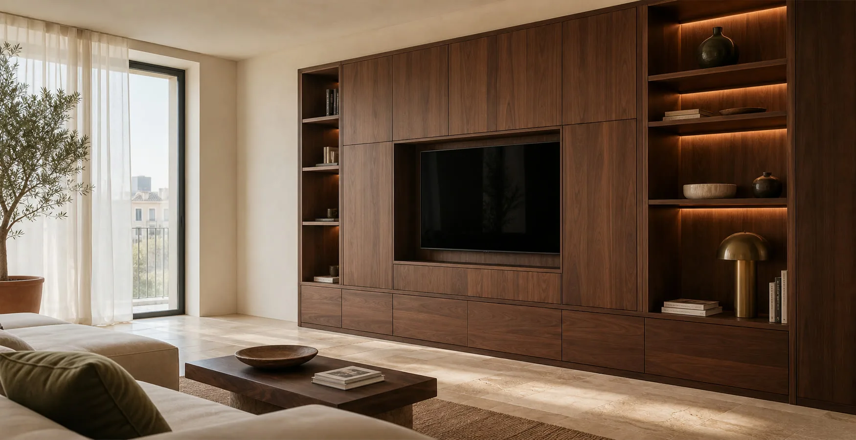 A close-in interior study of textured plaster and dark timber, in the language of a heritage restoration.