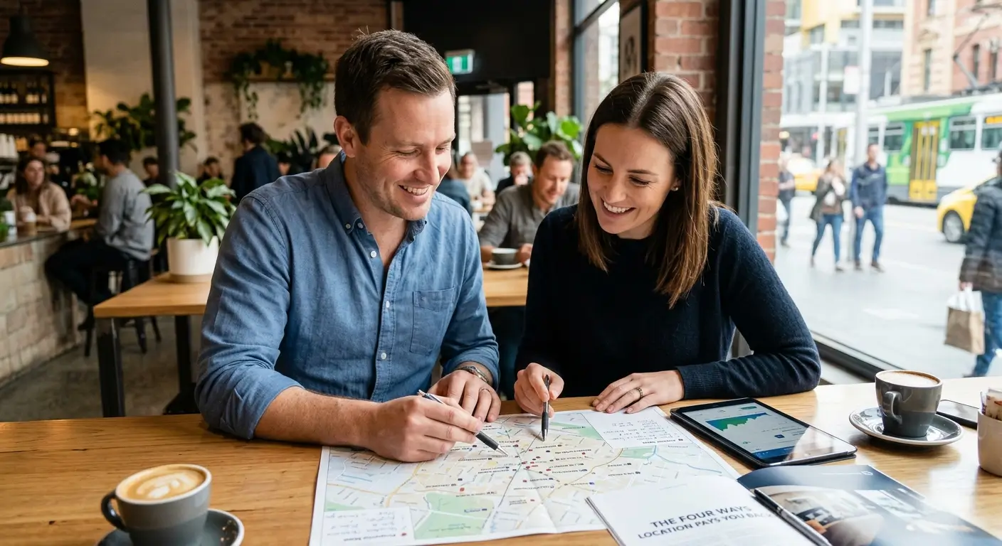 A couple in a café marking up a neighbourhood map beside a tablet and a location-returns brochure.