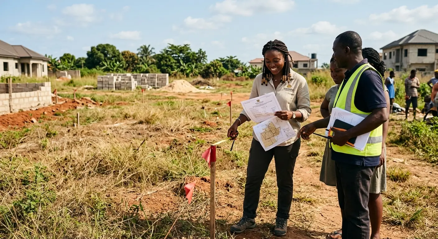 A surveyor and clients checking title documents and a site plan beside a boundary peg on a plot in Accra.