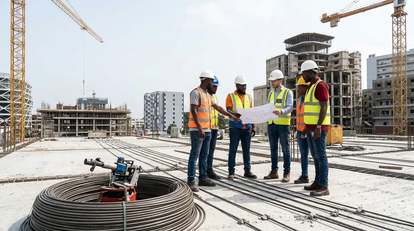 Engineers reviewing drawings on a slab deck, with post-tensioning tendon coils and a stressing jack in the foreground.