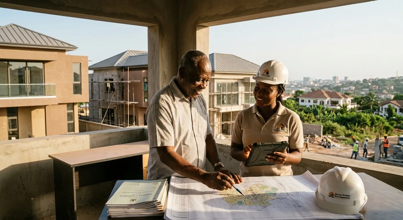 A senior partner and site engineer studying a land-value map on an upper floor overlooking Accra.